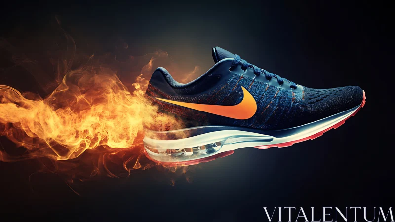 Fiery running sneaker streaking through a dramatic dark sky.