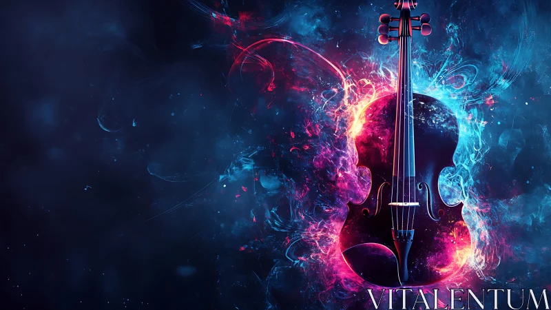 Neon-lit violin silhouette encircled by dual color plasma energy