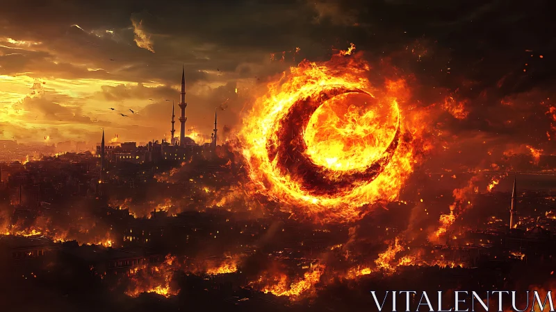 Apocalyptic Firestorm Over Ancient City With Massive Burning Portal.