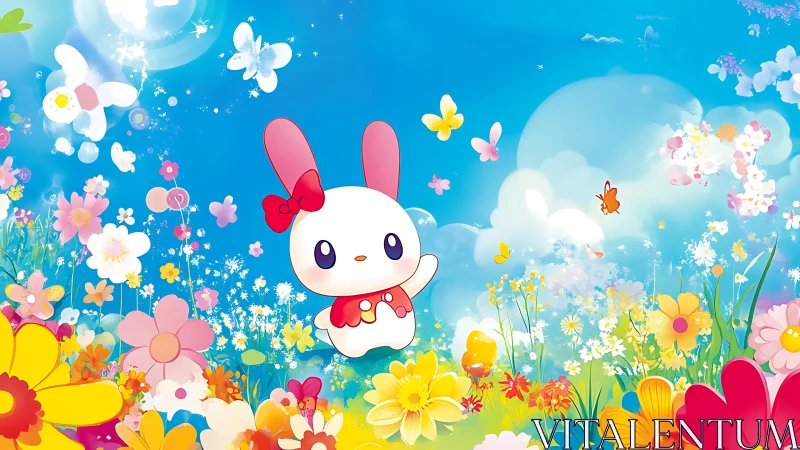 Cute bunny character under bright floral spring sky.