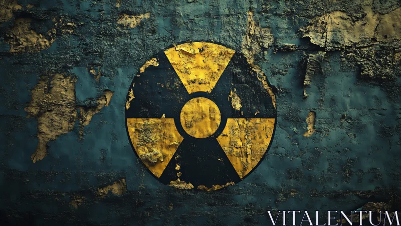 Weathered radiation hazard symbol marks corroded steel wall