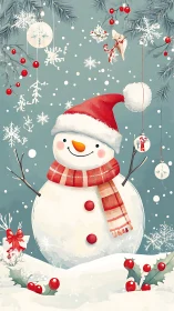 Snowman illustration with festive ornaments and snowfall field.