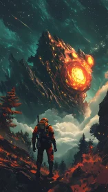 Lone astronaut observes molten cosmic monolith over forest.