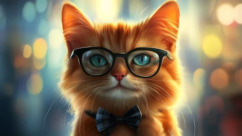 Orange cat wearing black-framed glasses and bow tie rendered in 3D.