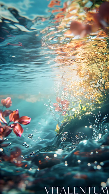 Subsurface refracted garden with caustic-lit aquatic flora.