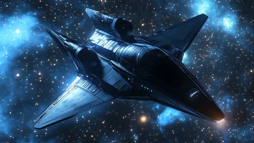 Sleek starship glides through a glowing, starlit galaxy