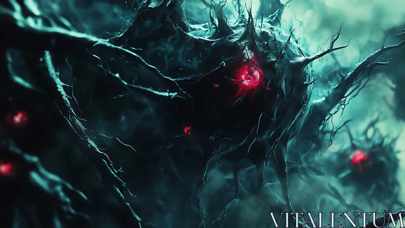 Alien bio-mechanical orbs pulse with ominous crimson energy