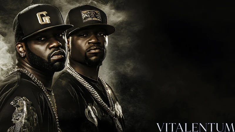Hip hop duo in dark smoky studio portrait with chains.