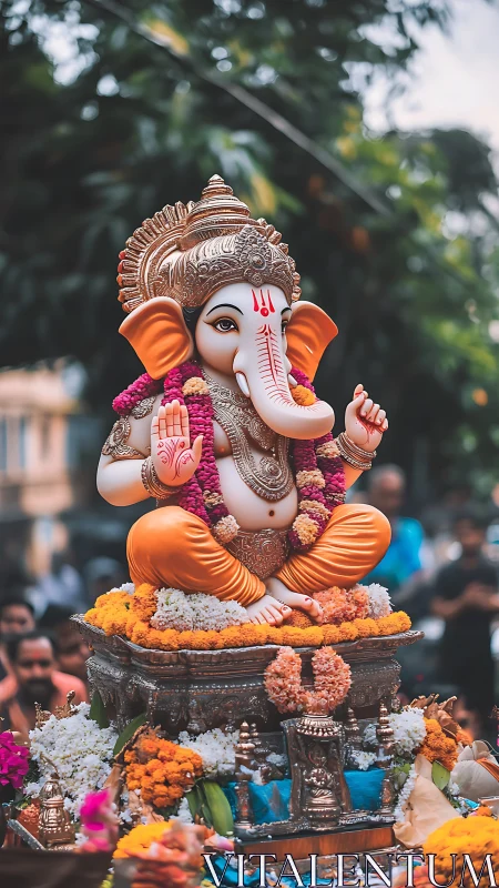 Gentle Ganesha rides a marigold tide through city prayers.