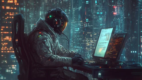 Neon night coder drifts through holographic data skyline.