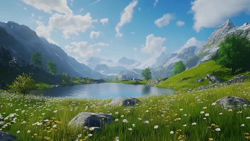 Mountain lake reflects cloudy sky within bright green valley