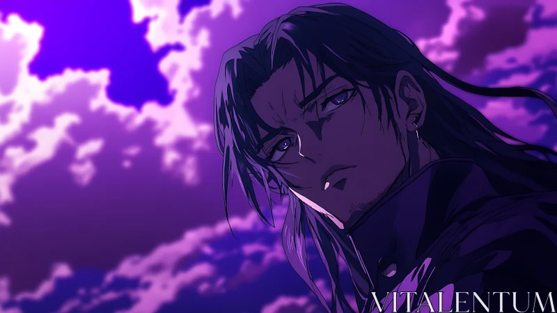Brooding anime hero beneath a boldly glowing violet sky.