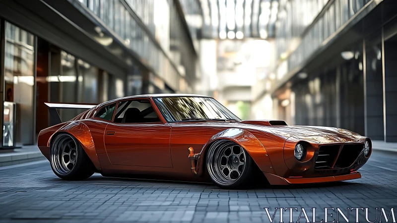 Low-slung copper widebody retro sports car in urban corridor.
