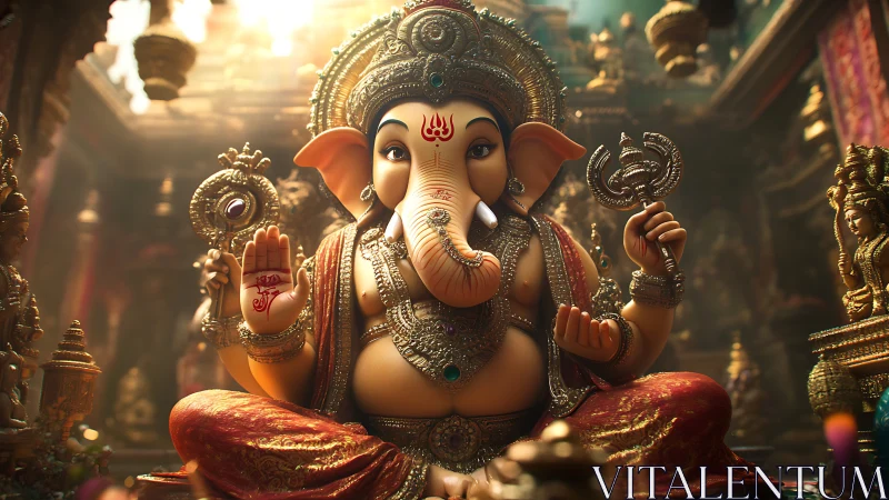 Detailed digital artwork of Ganesha in ornate temple hall.