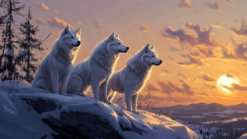Three white wolves share a peaceful watch over a winter sunset