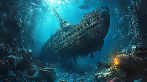 Sunken shipwreck drifts in eerie blue abyssal silence