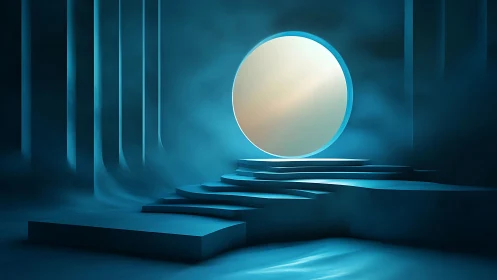 Cylindrical portal chamber with volumetric teal mist lighting.