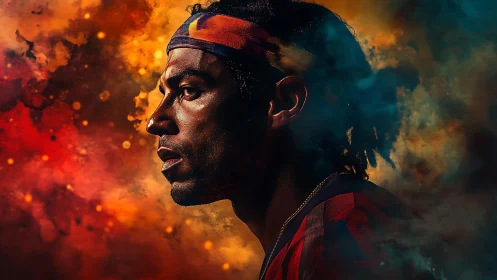 Focused athlete profile against vivid abstract smoke background