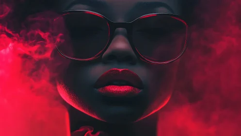 Neon red portrait of woman in sunglasses amid swirling smoke.