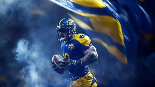 Powerful football runner charges through smoke and flags.