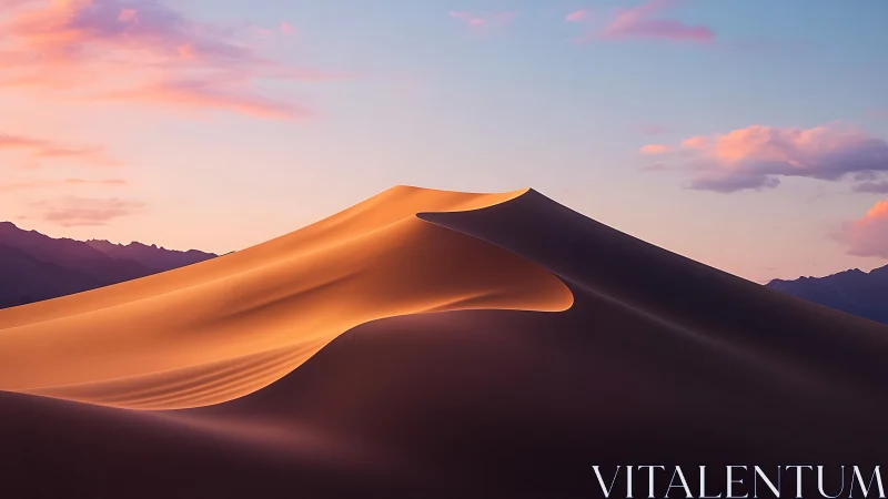 Sunlit dune crest curling under a soft pastel sky glow.