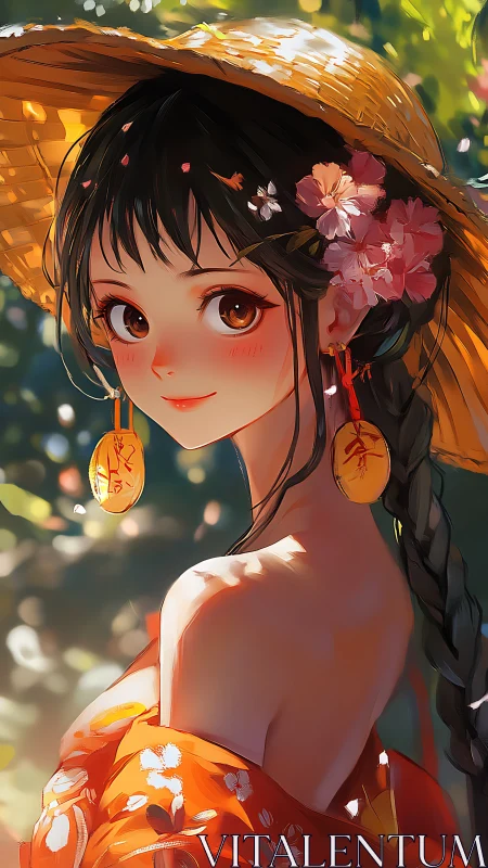 Sunlit anime girl in straw hat gazes back softly.