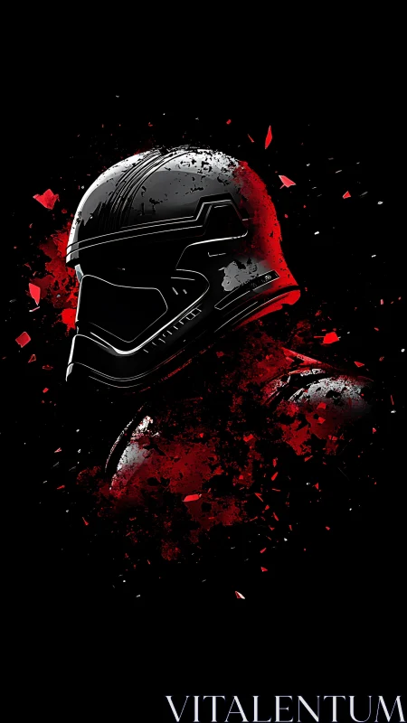 Futuristic black helmet erupts through red shattered chaos