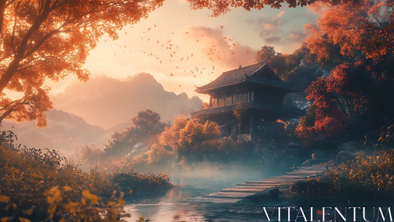 Autumn temple dreamscape by misty river under ember skies.