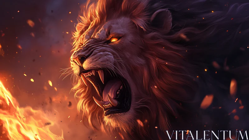 Lion head rendered in profile with firelit dramatic lighting