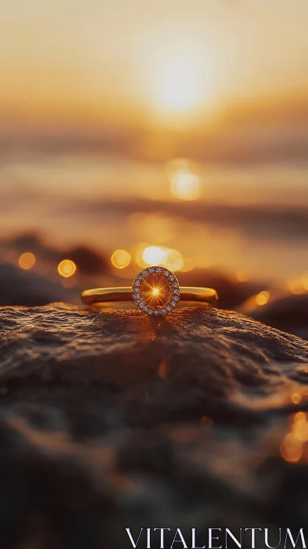 Sunlit engagement ring on wet rock at glowing seashore.