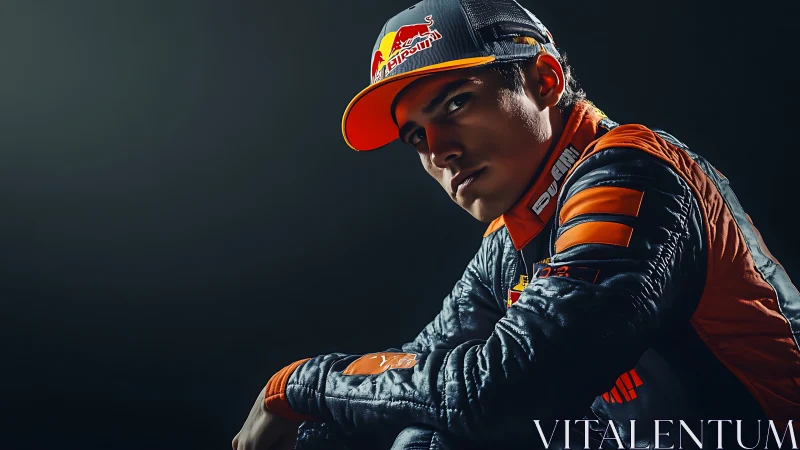 Motorsport driver portrait uses directional lighting on dark backdrop