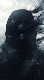 Shadow-wrapped phantom unravels into storm-torn ink