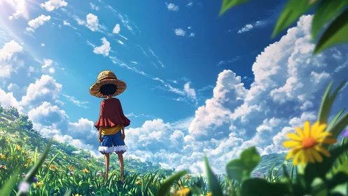 Straw-hatted wanderer gazing at vast summer skyscape.