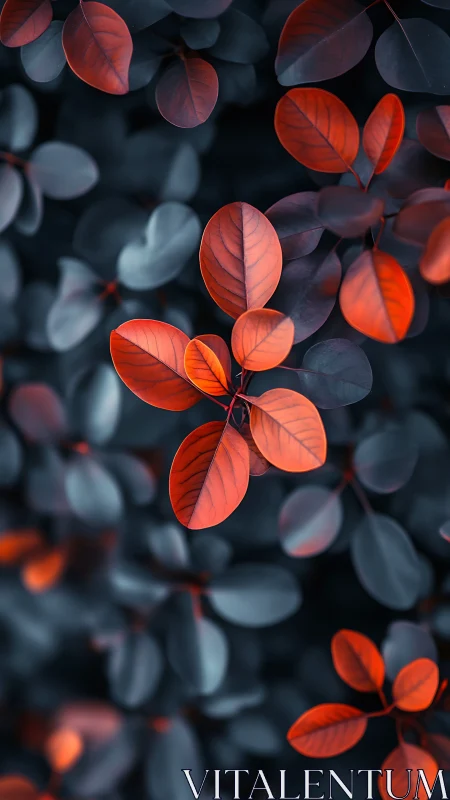 Red elliptical leaves on dark blurred foliage background.