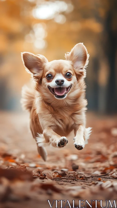 Joy-sprinting autumn pup with comedy ears in midair stride.