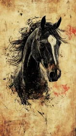 Horse portrait on textured parchment with ink splashes.