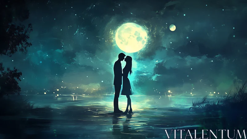 Two figures kiss silhouetted against large celestial moon