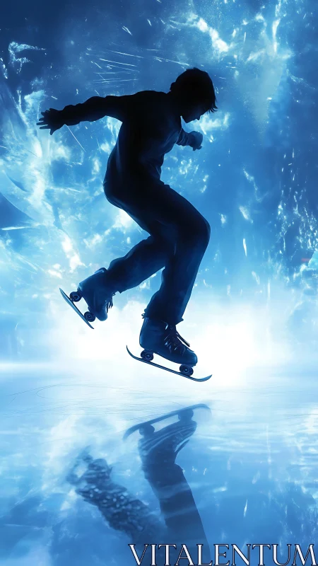 Kinetic silhouette skater suspended in luminescent blue void.