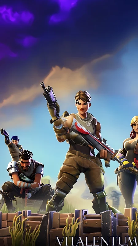 Squad of stylized shooters standing ready in bright sky.