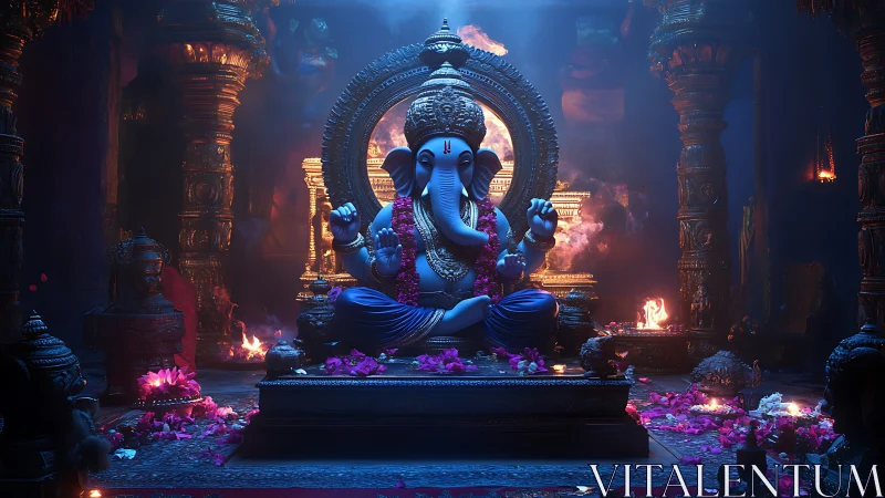 3D-rendered Ganesh idol under cinematic volumetric temple lighting