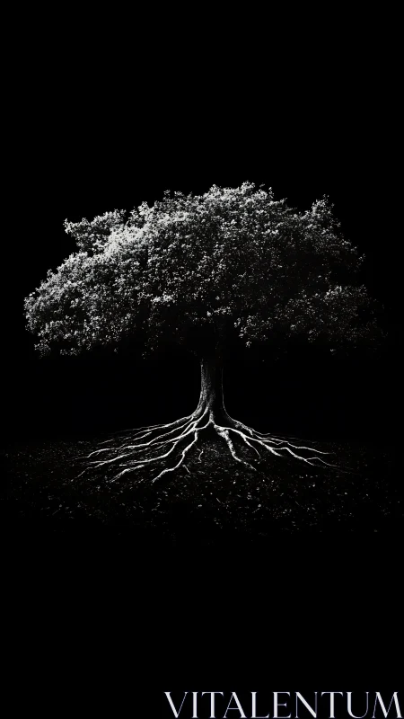 Isolated tree and exposed roots form symmetrical monochrome study