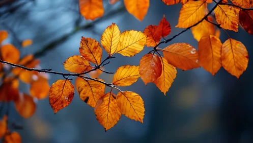 Backlit autumn beech foliage under shallow depth of field.