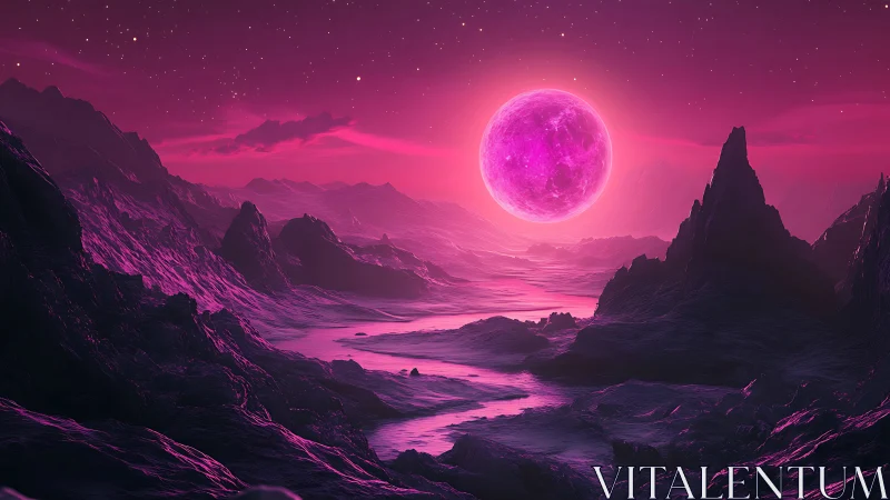 Dreamy pink alien moonrise over glowing crystal valley.