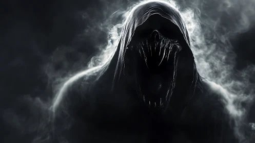 Hooded wraith emerges from swirling smoke in stark monochrome
