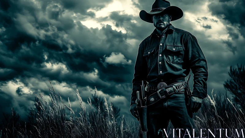 Low-angle armed cowboy in storm-lit grassland under dramatic clouds