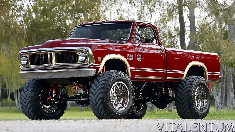 Lifted red classic pickup truck stands bold in woodland light