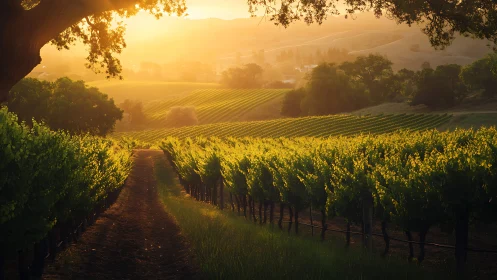 Golden hour sunlight over orderly vineyard rows at dusk.