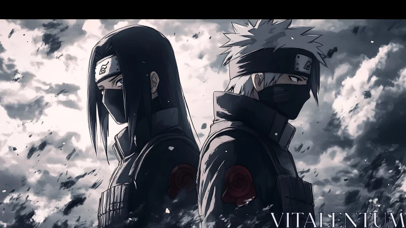 Back-to-back masked shinobi under storm-torn monochrome sky