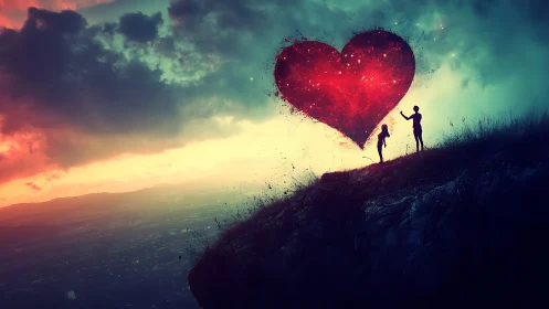 Love's Radiant Climb: Figures Chase Luminous Heart Skyward.