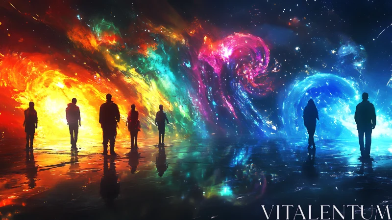 Silhouetted travelers walk beneath swirling cosmic auroras.